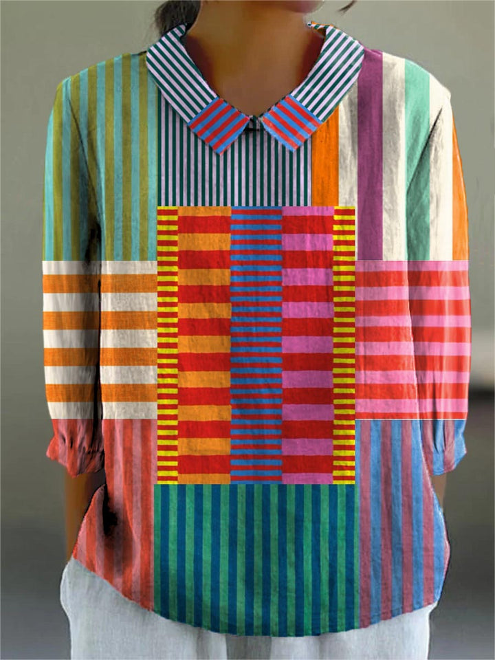 Women’s Colorful Patchwork Striped Cotton Linen 3/4 Sleeve Blouse/Tops