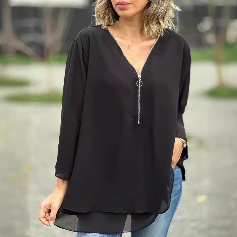 Heidi - Flowy V-Neck Zipped Top