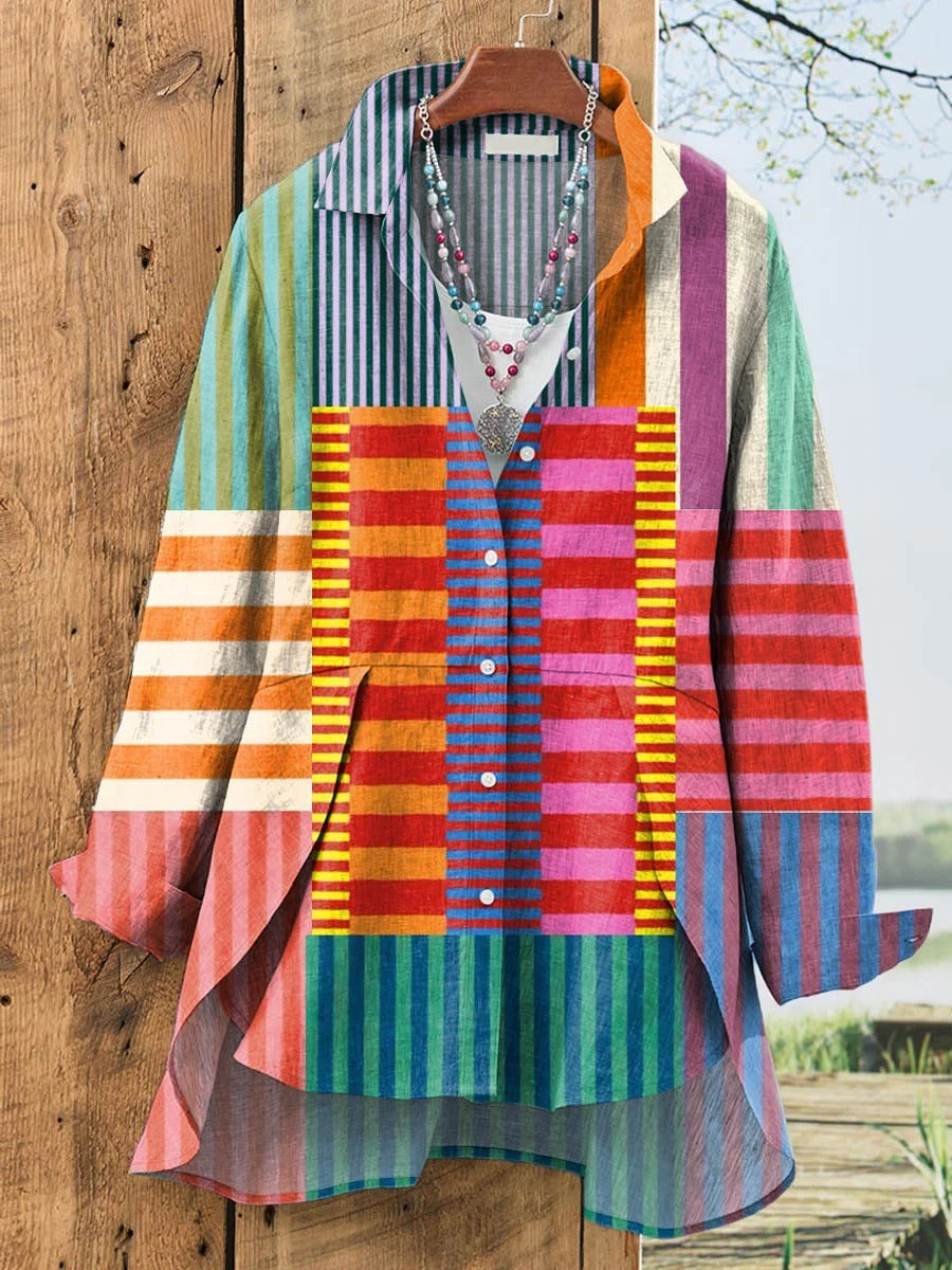 Women’s Colorful Patchwork Striped Cotton Linen 3/4 Sleeve Blouse/Tops