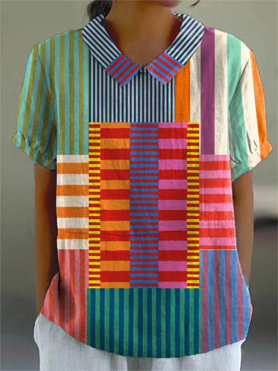 Women’s Colorful Patchwork Striped Cotton Linen 3/4 Sleeve Blouse/Tops