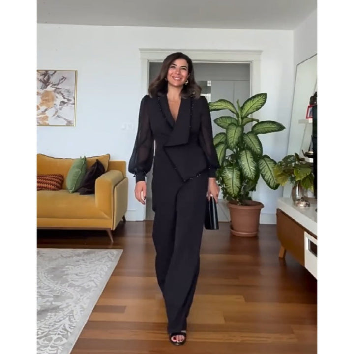 Aiyana | Elegant Black Beaded Top & Wide-Leg Pants – Spring Special